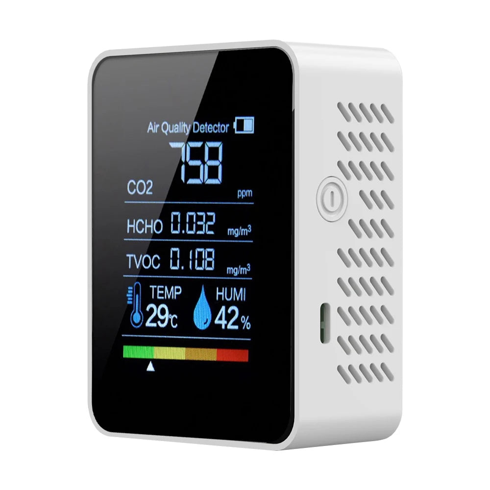 Luftqualitätsmesser 5-in-1 – CO2, HCHO, TVOC, Temperatur & Luftfeuchtigkeit – Alarm, LCD Display, USB-C